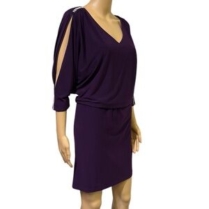MSK Purple Rhinestone Split Bat Sleeve Elastic Waist Mini Midi Dress Womens 10